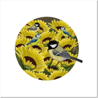 Titmice and Sunflowers Illustration Posters and Art